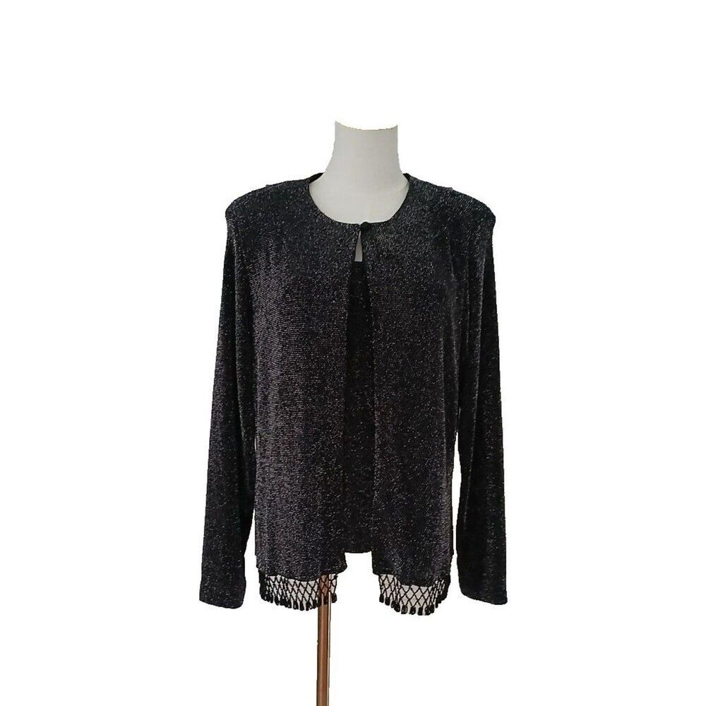 Women's XL 2 Piece Open Front Shimmering Black Jacket & Tank Top Beaded Fringe